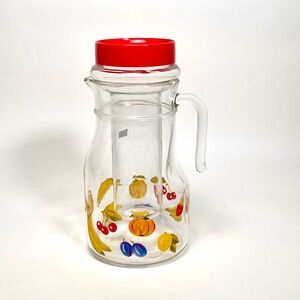 Vintage Glass Pitcher Ice Tea Juice Sangria with Ice Insert Lid, Fruit Pattern